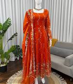 orange silk blend anarkali salwar suit dupatta