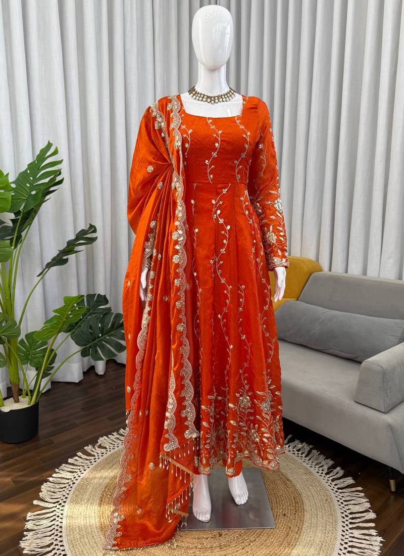 orange silk blend anarkali salwar suit dupatta