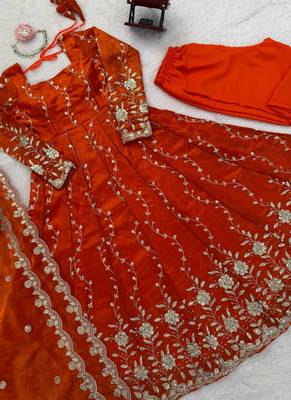 orange silk blend anarkali salwar suit dupatta 2
