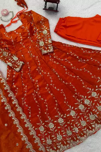 orange silk blend anarkali salwar suit dupatta