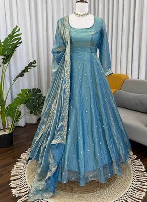 sky blue silk blend anarkali salwar suit dupatta 1
