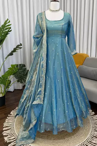 sky blue silk blend anarkali salwar suit dupatta