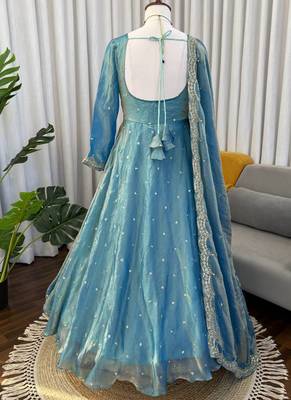 sky blue silk blend anarkali salwar suit dupatta 2