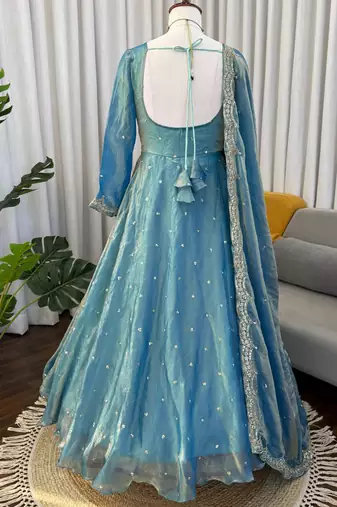 sky blue silk blend anarkali salwar suit dupatta