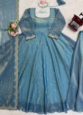 sky blue silk blend anarkali salwar suit dupatta 3