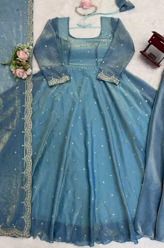 sky blue silk blend anarkali salwar suit dupatta