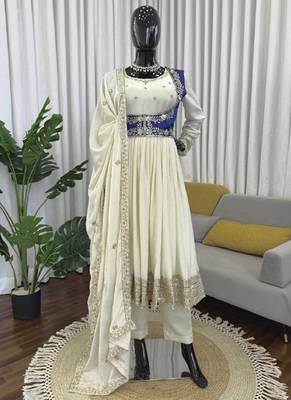 cream chinon silk blend anarkali salwar suit dupatta 1