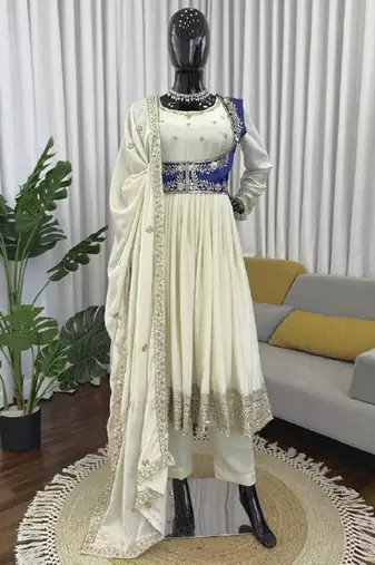 cream chinon silk blend anarkali salwar suit dupatta