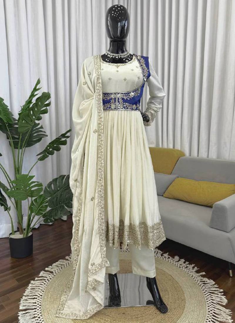 cream chinon silk blend anarkali salwar suit dupatta