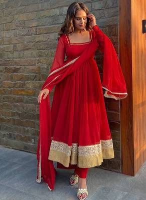 red georgette anarkali salwar suit dupatta 1