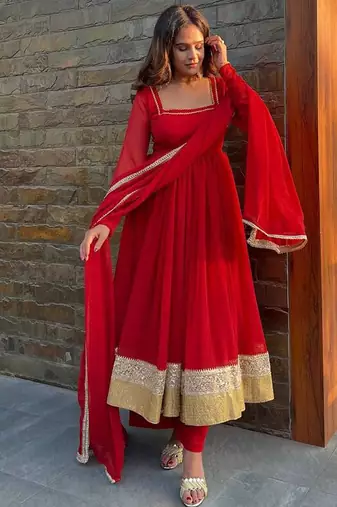 red georgette anarkali salwar suit dupatta