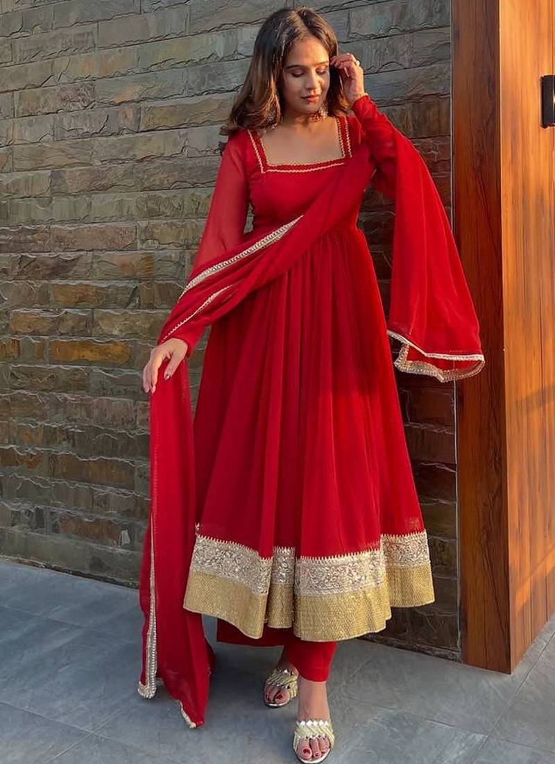red georgette anarkali salwar suit dupatta