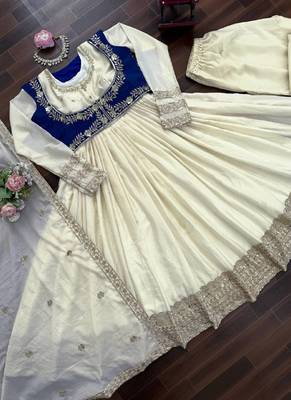 cream chinon silk blend anarkali salwar suit dupatta 3