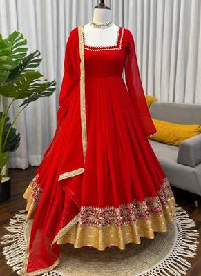 red georgette anarkali salwar suit dupatta 2