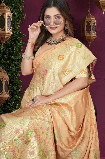 Beige Banarasi Satin  Saree with Heavy Zari & Thread Work | Wedding & Festive Wear