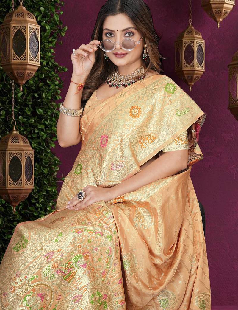 Beige Banarasi Satin  Saree with Heavy Zari & Thread Work | Wedding & Festive Wear