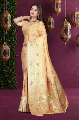 Beige Banarasi Satin  Saree with Heavy Zari & Thread Work | Wedding & Festive Wear
