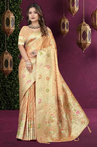 Beige Banarasi Satin  Saree with Heavy Zari & Thread Work | Wedding & Festive Wear