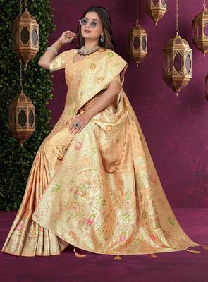 Beige Banarasi Satin  Saree with Heavy Zari & Thread Work | Wedding & Festive Wear 4