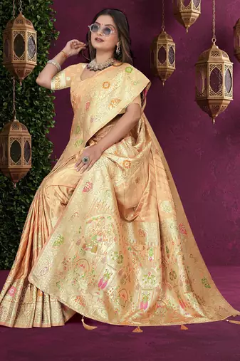 Beige Banarasi Satin  Saree with Heavy Zari & Thread Work | Wedding & Festive Wear