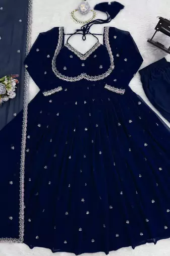 navy blue faux georgette anarkali salwar suit dupatta
