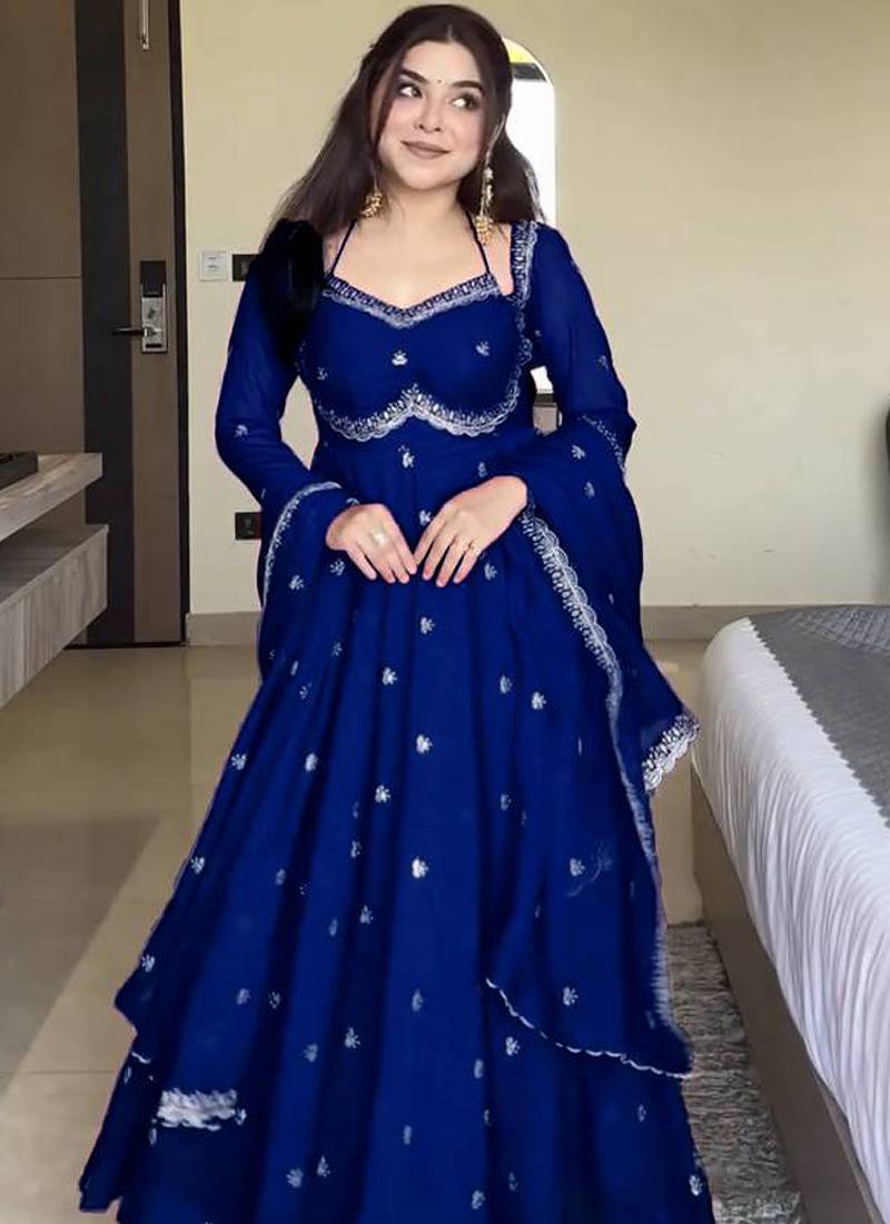 blue faux georgette anarkali salwar suit dupatta