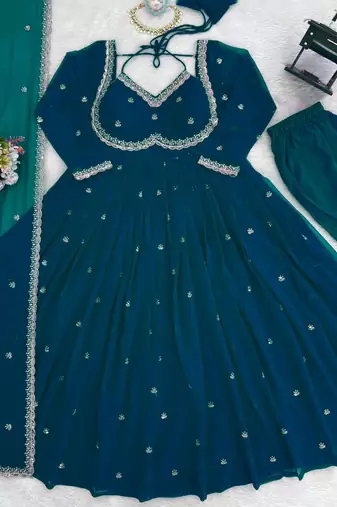 teal faux georgette anarkali salwar suit dupatta