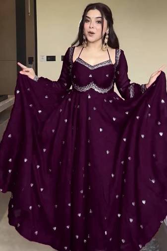 wine faux georgette anarkali salwar suit dupatta