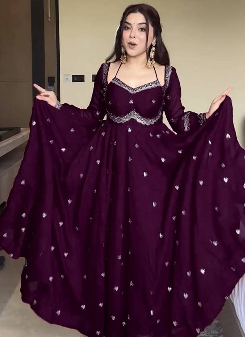 wine faux georgette anarkali salwar suit dupatta