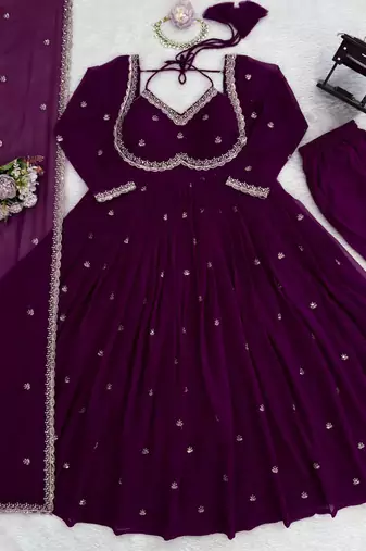 wine faux georgette anarkali salwar suit dupatta