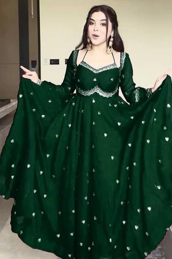 green faux georgette anarkali salwar suit dupatta