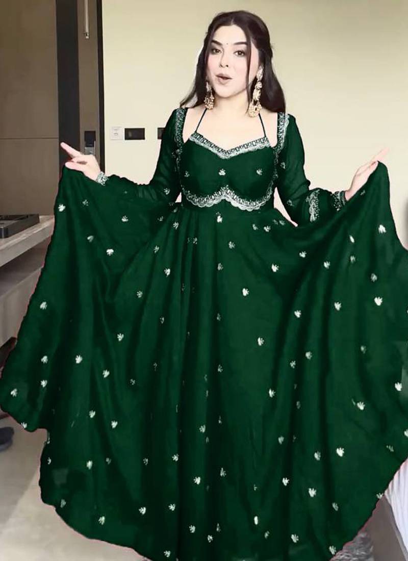 green faux georgette anarkali salwar suit dupatta