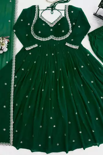 green faux georgette anarkali salwar suit dupatta