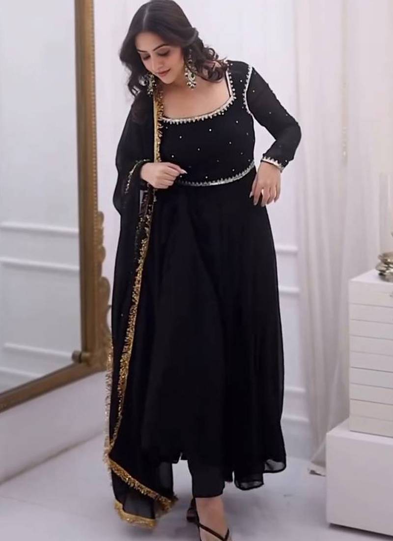 black faux georgette anarkali salwar suit dupatta