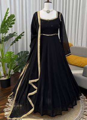 black faux georgette anarkali salwar suit dupatta 2