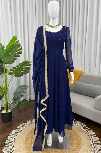blue faux georgette anarkali salwar suit dupatta