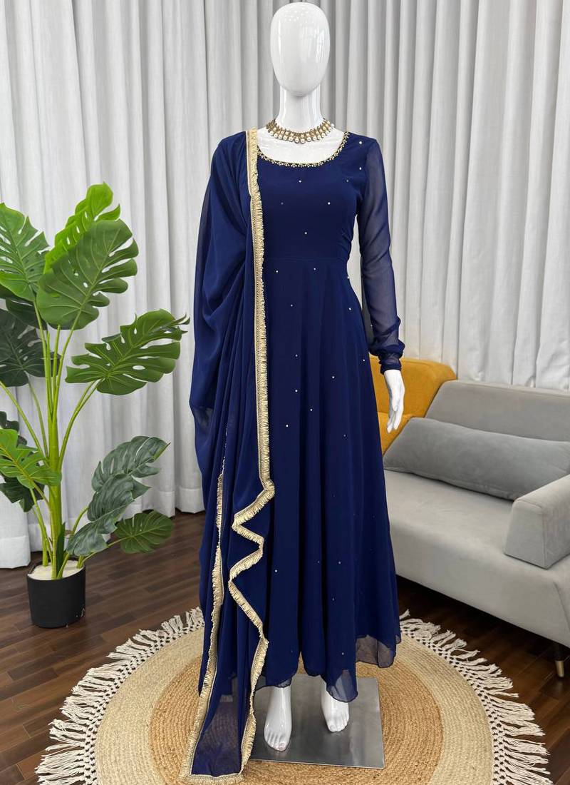 blue faux georgette anarkali salwar suit dupatta