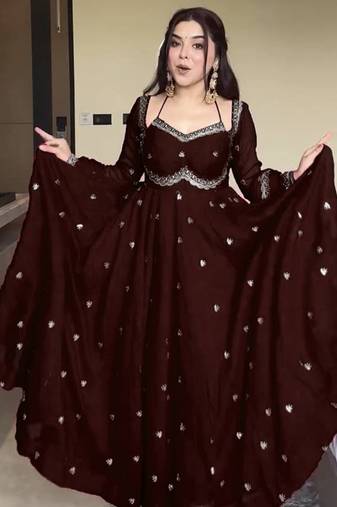 brown faux georgette anarkali salwar suit dupatta