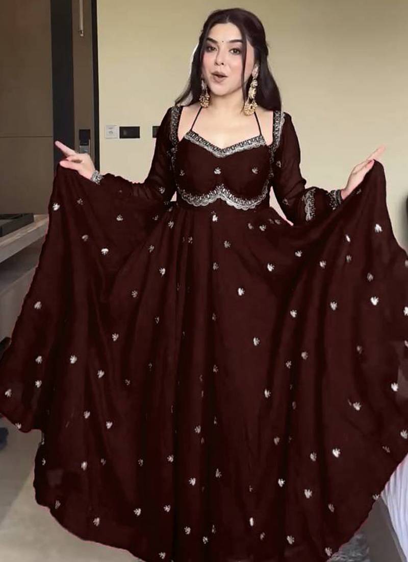 brown faux georgette anarkali salwar suit dupatta