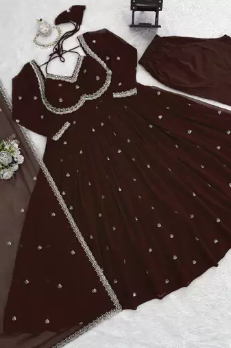 brown faux georgette anarkali salwar suit dupatta