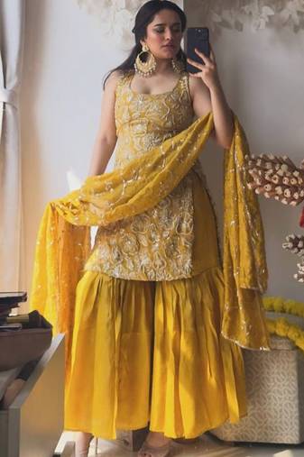 yellow silk blend salwar suit dupatta