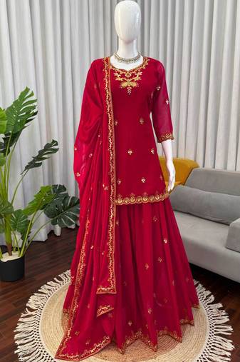 red faux georgette salwar suit dupatta