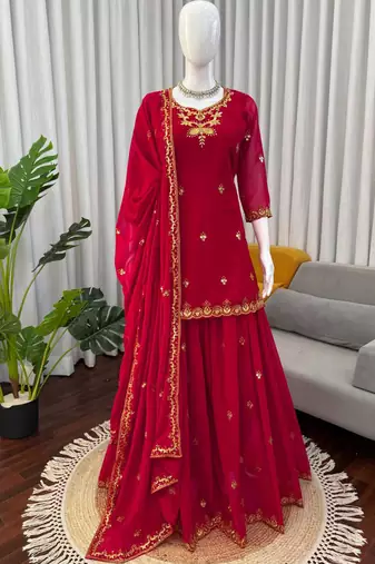 red faux georgette salwar suit dupatta