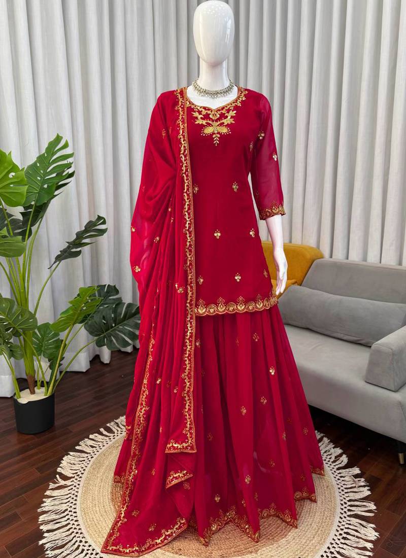 red faux georgette salwar suit dupatta