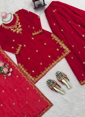 red faux georgette salwar suit dupatta 2