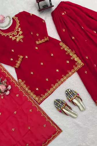 red faux georgette salwar suit dupatta