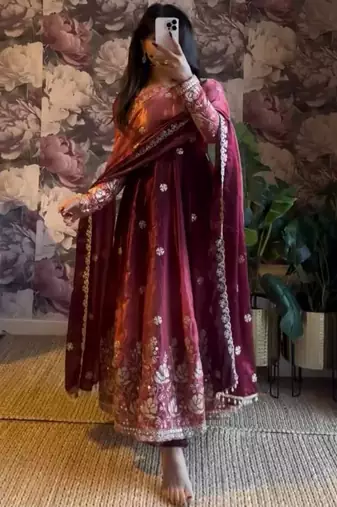 wine chinon silk blend anarkali salwar suit dupatta
