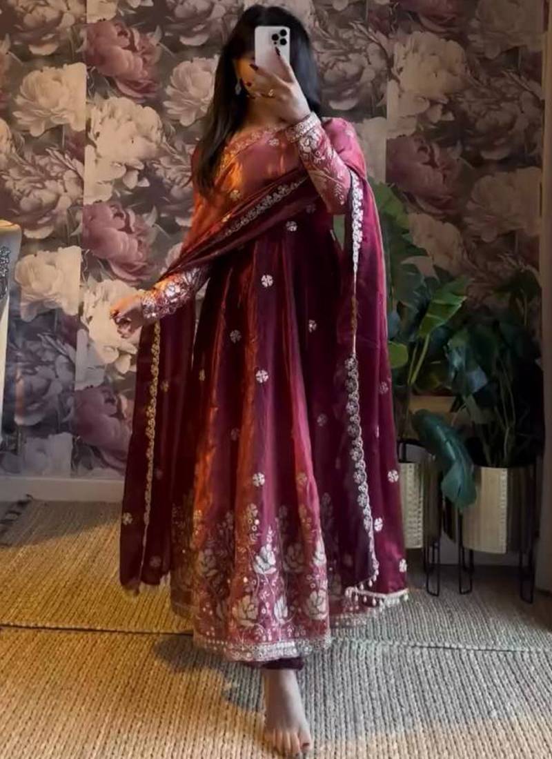 wine chinon silk blend anarkali salwar suit dupatta