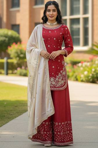 red silk blend salwar suit dupatta