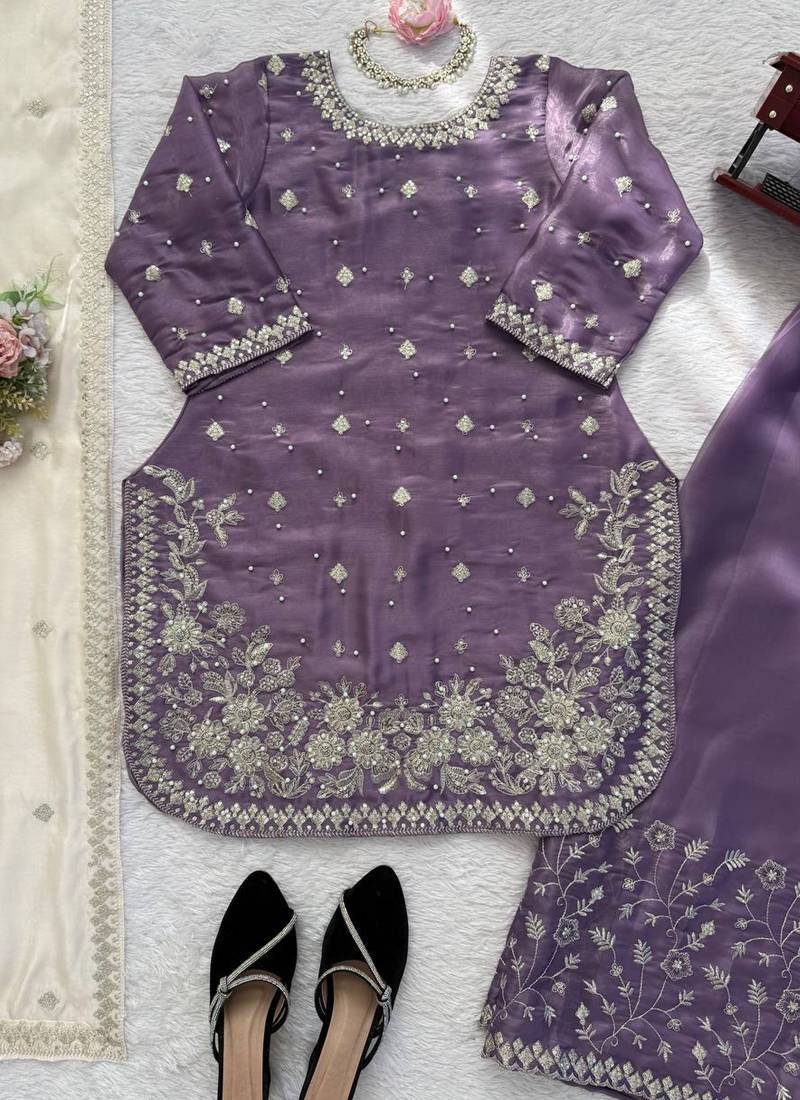 purple silk blend salwar suit dupatta